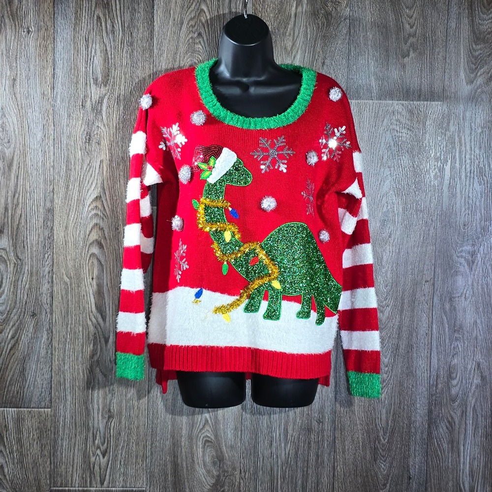 33 Degrees Womens L Christmas Sweater‎ Red Dinosaur Stripes Novelty Holiday